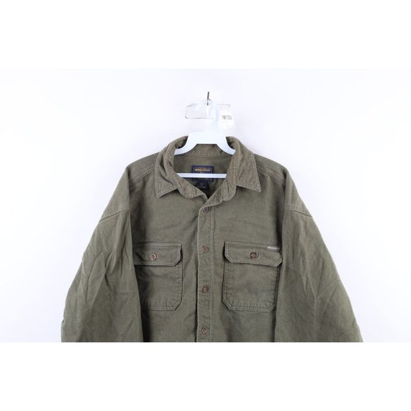Vintage 90s Woolrich Mens XL Faded Heavyweight Chamois Cloth Button Shirt Green - Picture 2 of 11